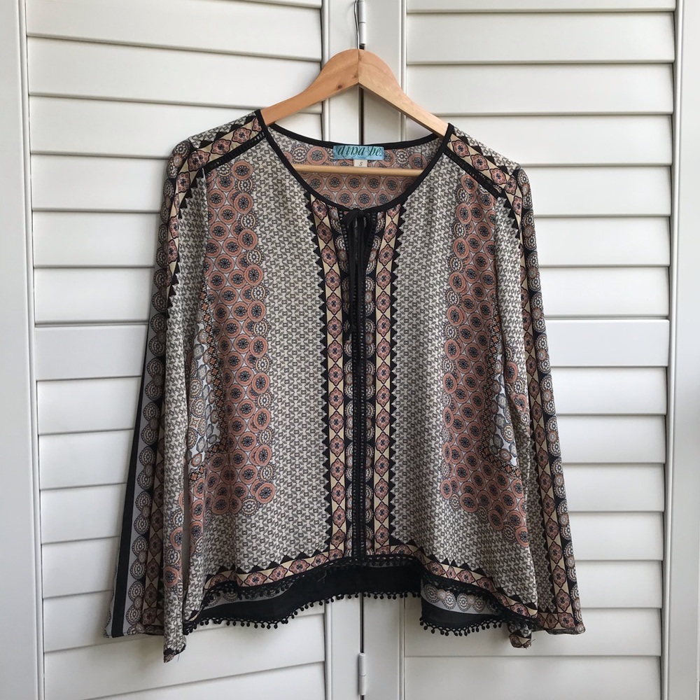 Long Sleeve Flowy Aztec Unique Design Tie Blouse